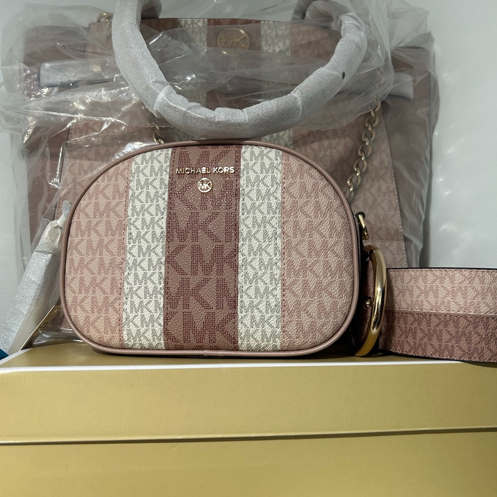 Michael Kors purse, over the shoulder bag, sneakers, belt, and shades